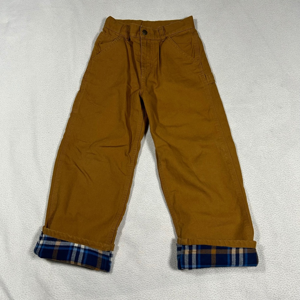 Carhartt Carpenter Pants‎ Kids Size 7 Brown Flannel Lined Duck Canvas Plaid Cuff
